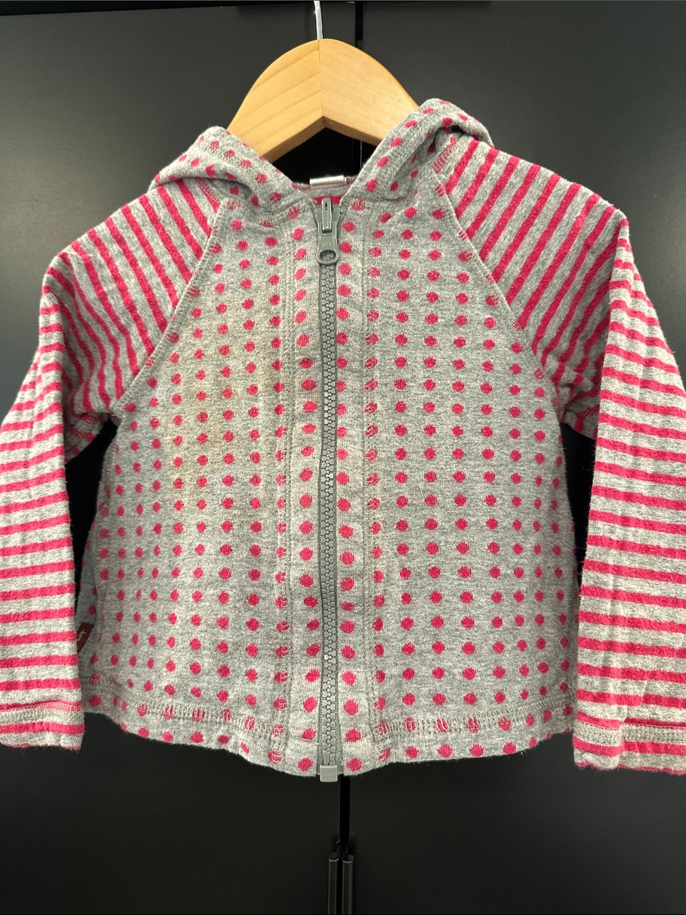 Tea Collection Kids Reversible Zip Up Hoodie Gray Pink Polka Dot Stripe 18-24M - Picture 1 of 4